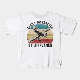 Easily Distracted By Airplanes Retro Airplane Funny Pilot Kids T-Shirt